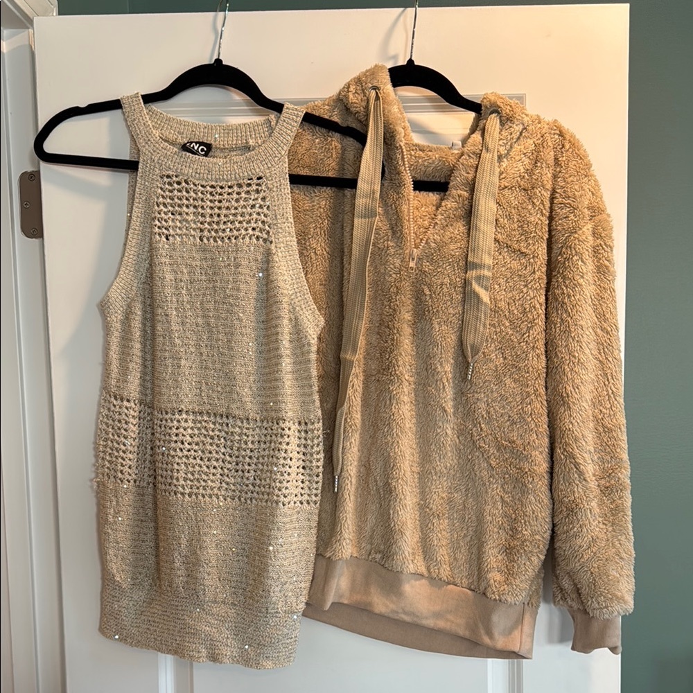 Beige Knit Tank Dress & Cozy Sherpa Hoodie Set